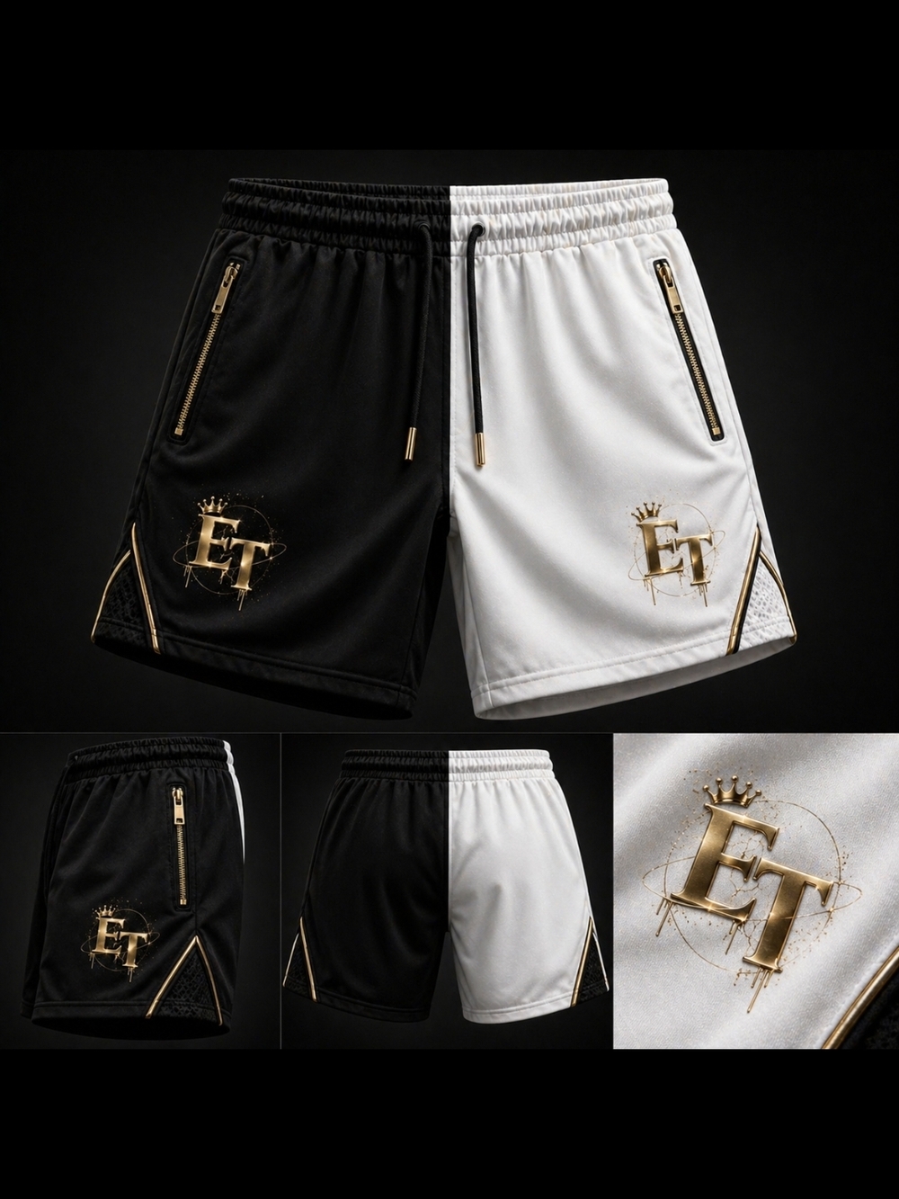 “Elite Tech Black & White Streetwear Shorts – Comfortable Summer Fit (ET Logo)”